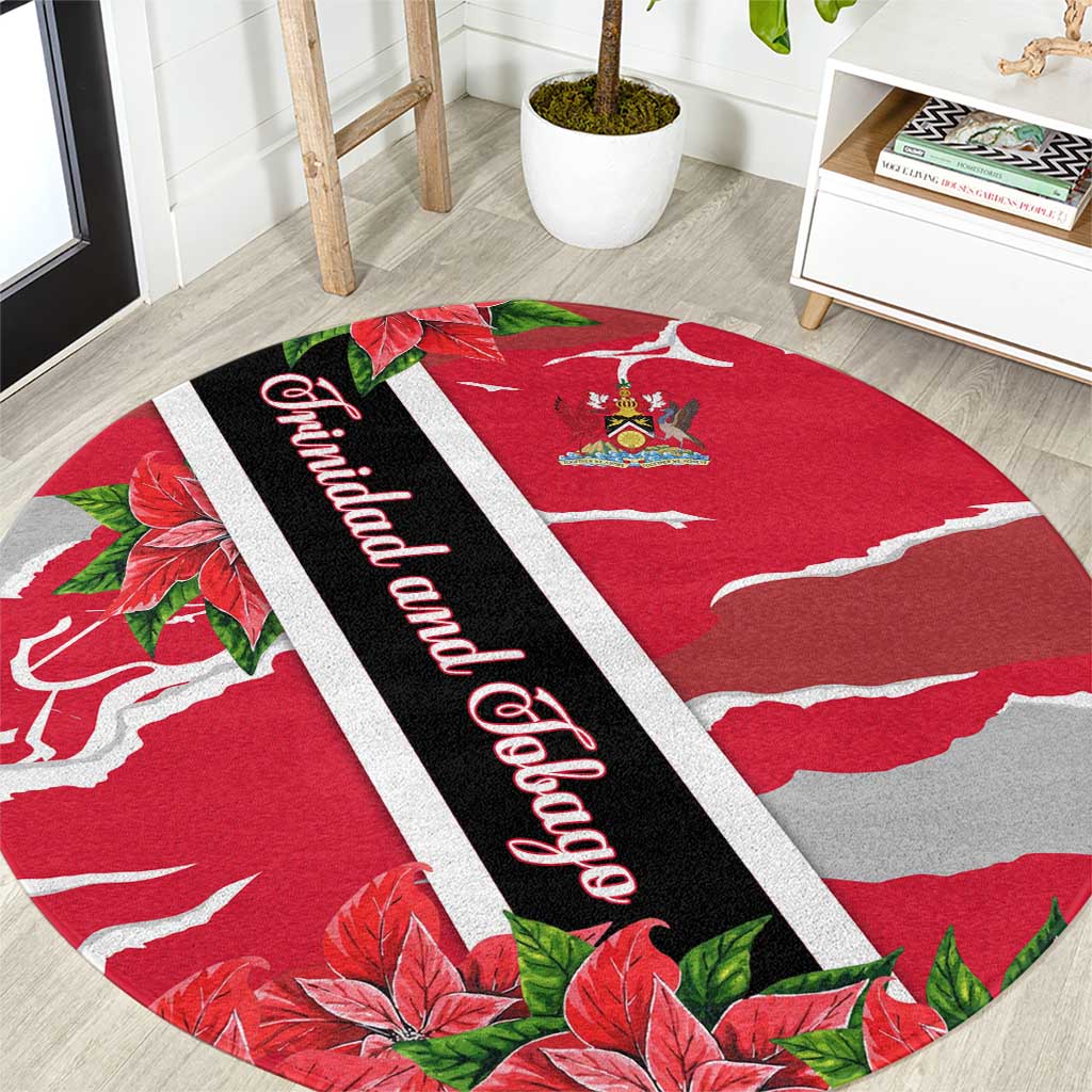 Trinidad and Tobago Red Poinsettia Round Carpet with National Crest and Diagonal Flag Sash Design - Wonder Print Shop