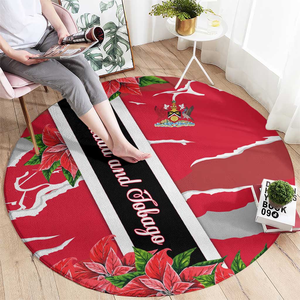Trinidad and Tobago Red Poinsettia Round Carpet with National Crest and Diagonal Flag Sash Design - Wonder Print Shop
