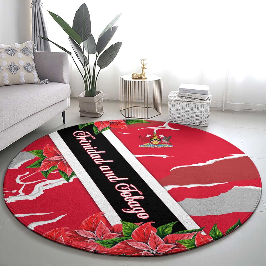 Trinidad and Tobago Red Poinsettia Round Carpet with National Crest and Diagonal Flag Sash Design - Wonder Print Shop
