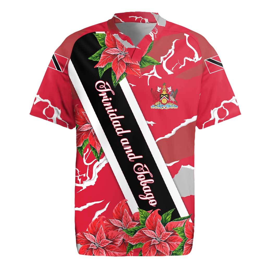 Trinidad and Tobago Red Poinsettia Rugby Jersey with National Crest and Diagonal Flag Sash Design - Wonder Print Shop