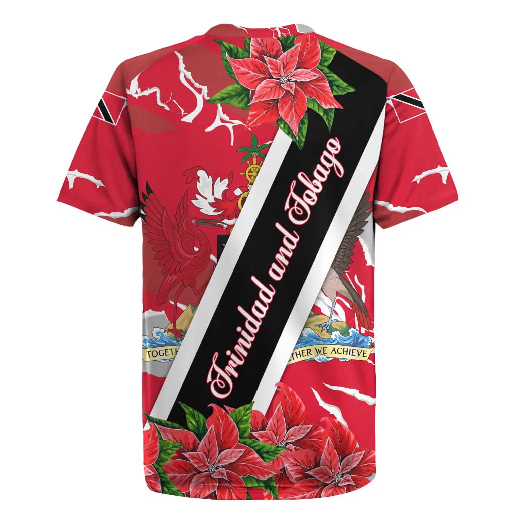 Trinidad and Tobago Red Poinsettia Rugby Jersey with National Crest and Diagonal Flag Sash Design - Wonder Print Shop