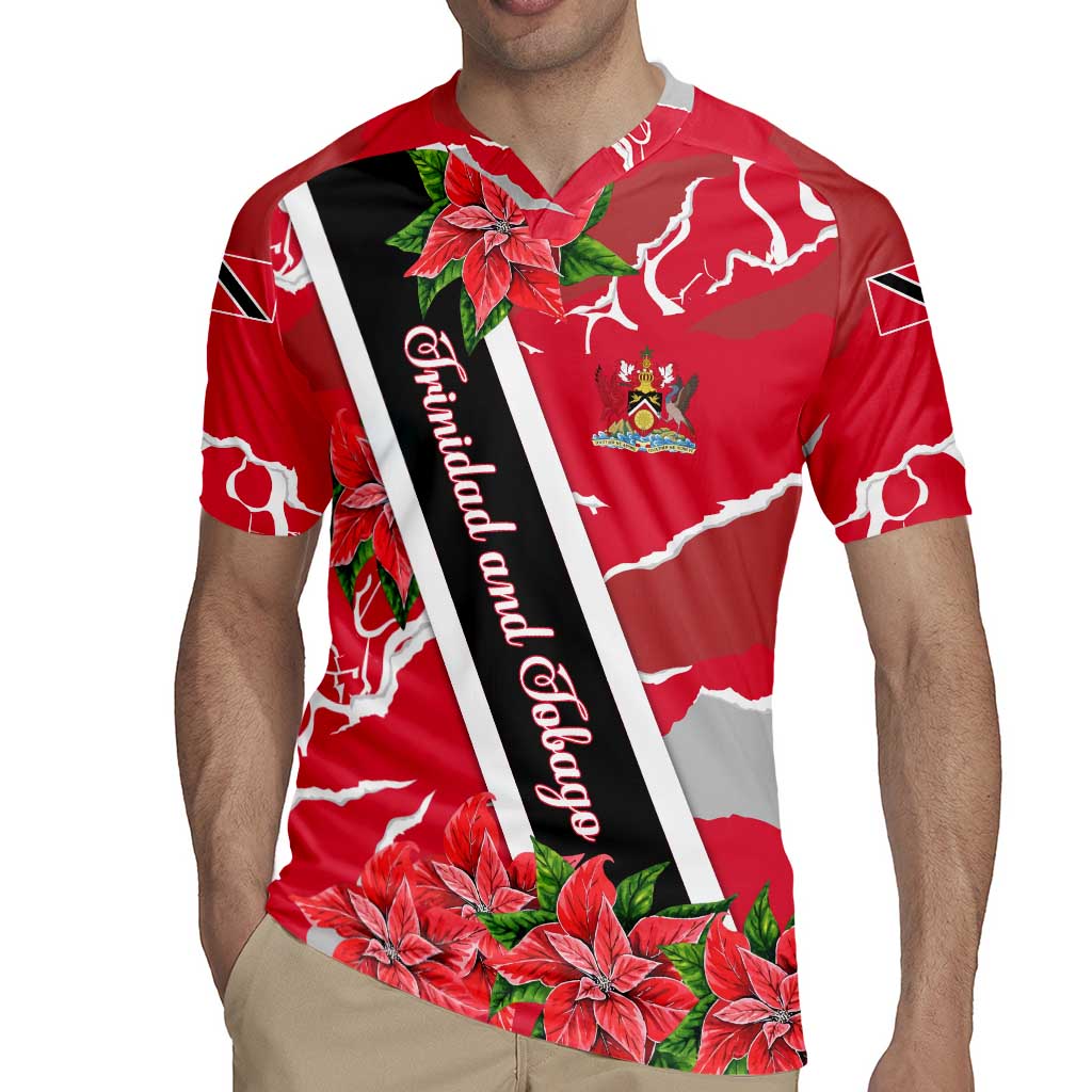 Trinidad and Tobago Red Poinsettia Rugby Jersey with National Crest and Diagonal Flag Sash Design - Wonder Print Shop