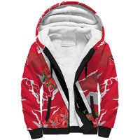 Trinidad and Tobago Red Poinsettia Sherpa Hoodie with National Crest and Diagonal Flag Sash Design - Wonder Print Shop