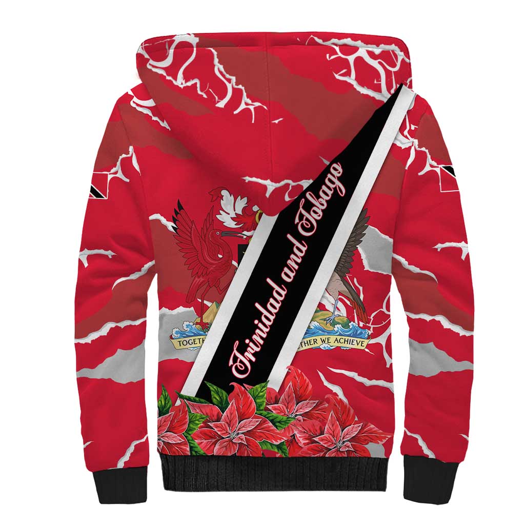 Trinidad and Tobago Red Poinsettia Sherpa Hoodie with National Crest and Diagonal Flag Sash Design - Wonder Print Shop