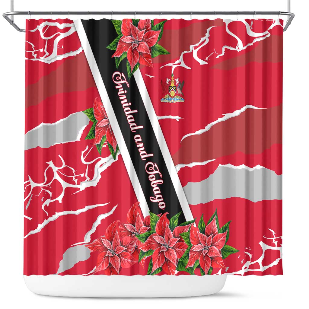 Trinidad and Tobago Red Poinsettia Shower Curtain with National Crest and Diagonal Flag Sash Design - Wonder Print Shop