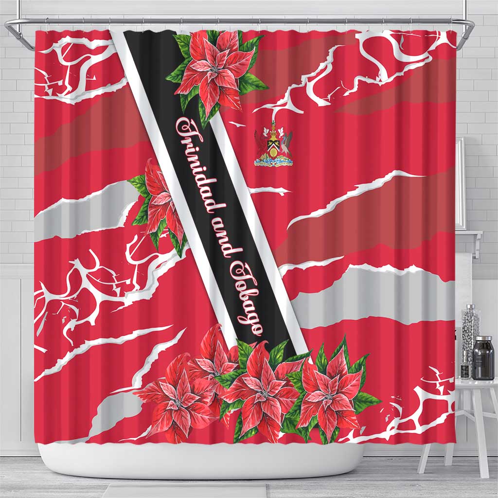 Trinidad and Tobago Red Poinsettia Shower Curtain with National Crest and Diagonal Flag Sash Design - Wonder Print Shop