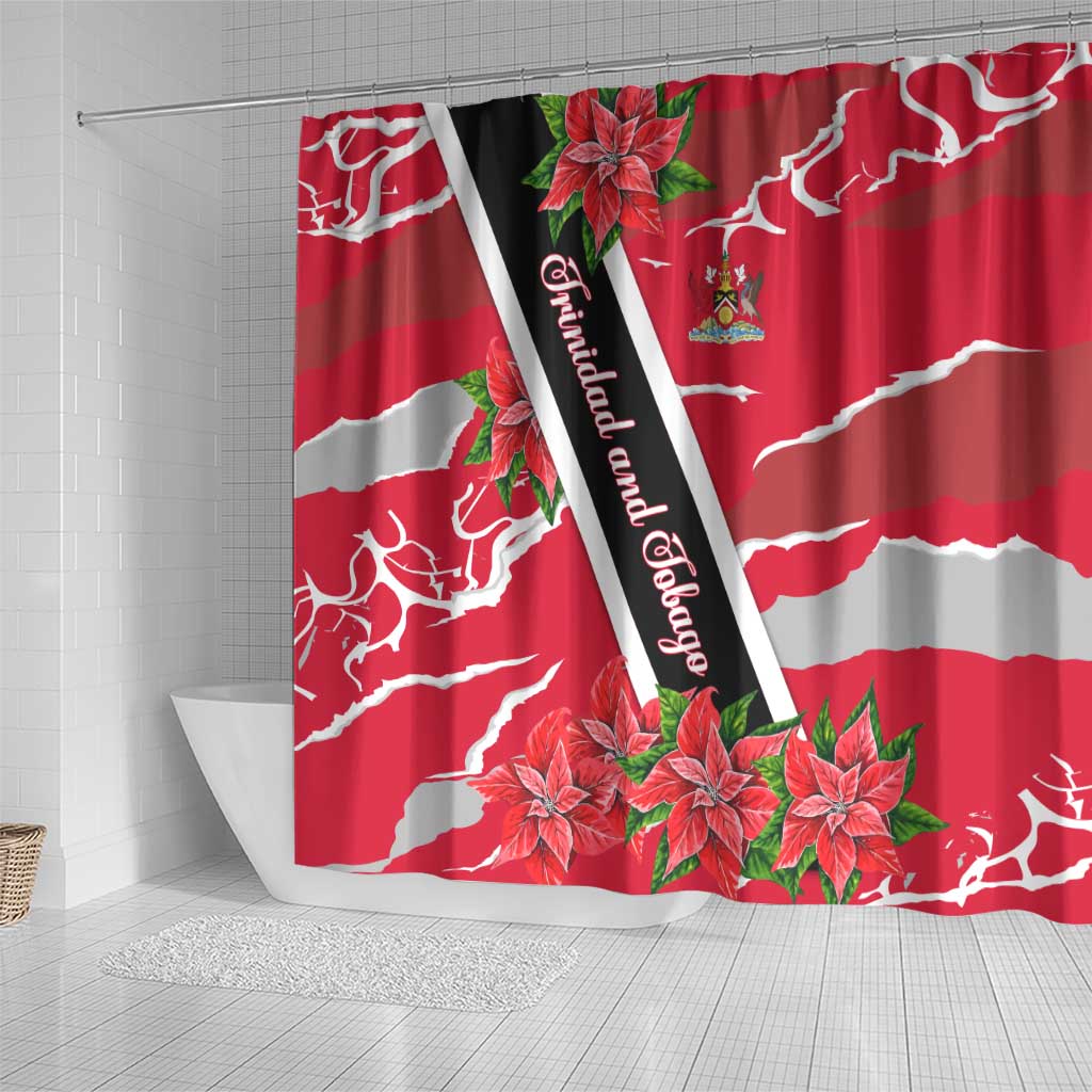 Trinidad and Tobago Red Poinsettia Shower Curtain with National Crest and Diagonal Flag Sash Design - Wonder Print Shop