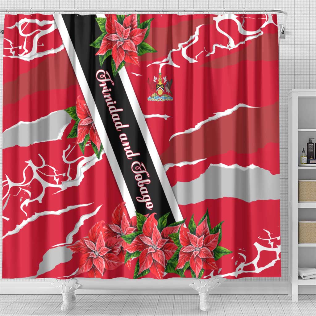 Trinidad and Tobago Red Poinsettia Shower Curtain with National Crest and Diagonal Flag Sash Design - Wonder Print Shop