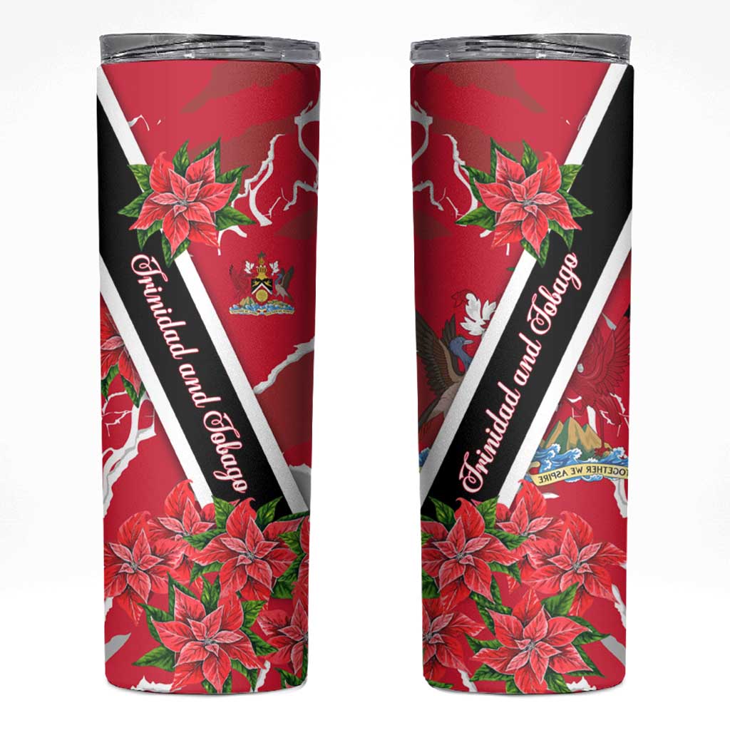 Trinidad and Tobago Red Poinsettia Skinny Tumbler with National Crest and Diagonal Flag Sash Design - Wonder Print Shop