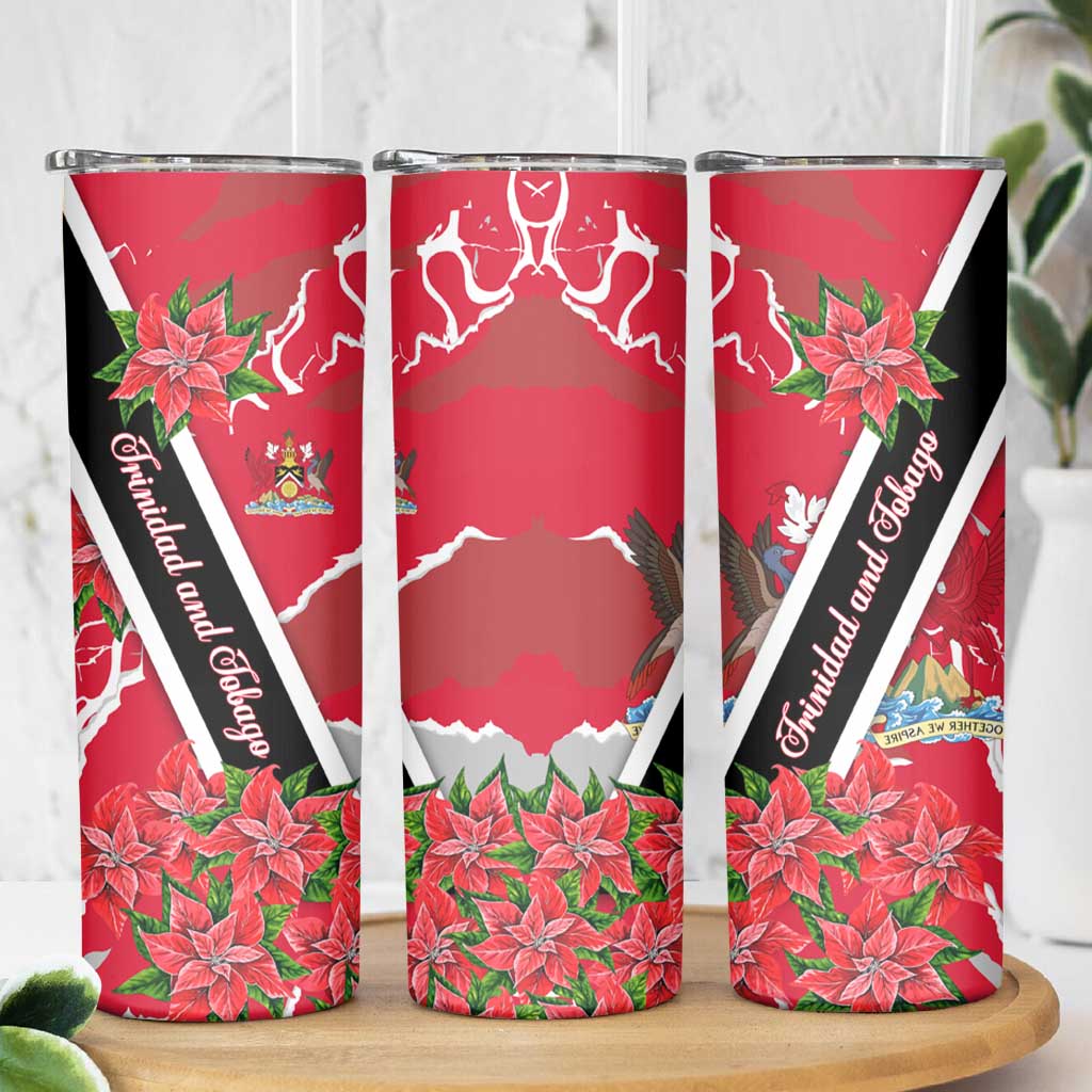Trinidad and Tobago Red Poinsettia Skinny Tumbler with National Crest and Diagonal Flag Sash Design - Wonder Print Shop