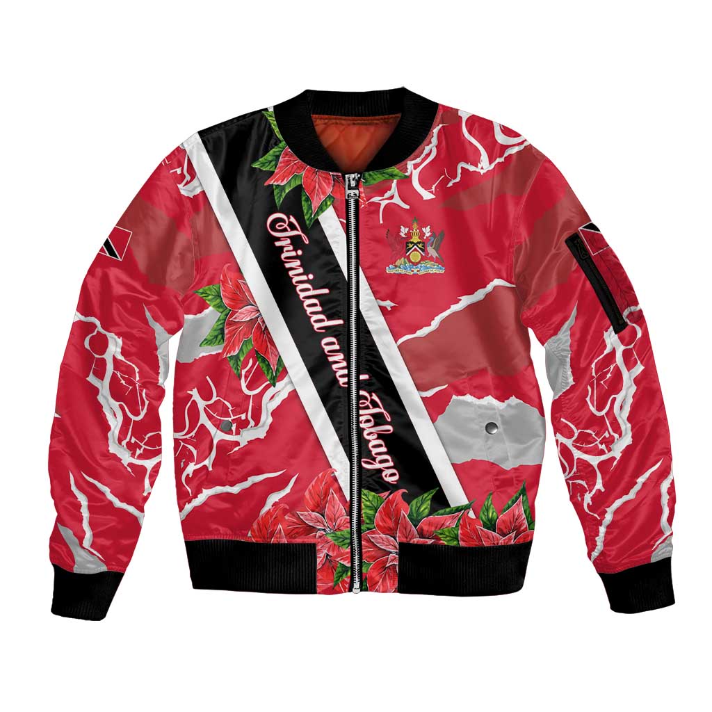 Trinidad and Tobago Red Poinsettia Sleeve Zip Bomber Jacket with National Crest and Diagonal Flag Sash Design - Wonder Print Shop
