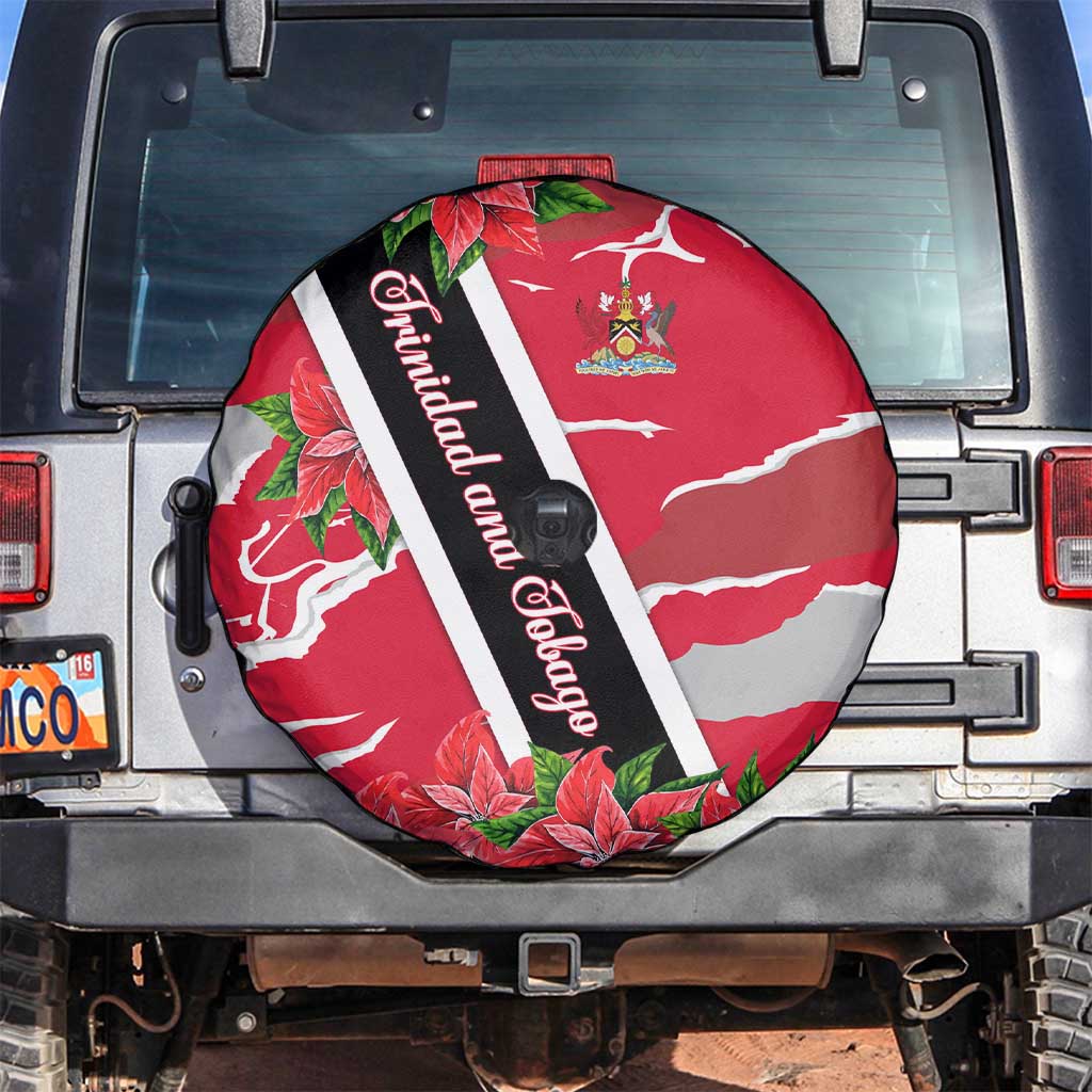 Trinidad and Tobago Red Poinsettia Spare Tire Cover with National Crest and Diagonal Flag Sash Design - Wonder Print Shop