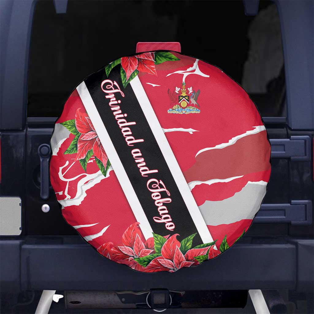 Trinidad and Tobago Red Poinsettia Spare Tire Cover with National Crest and Diagonal Flag Sash Design - Wonder Print Shop