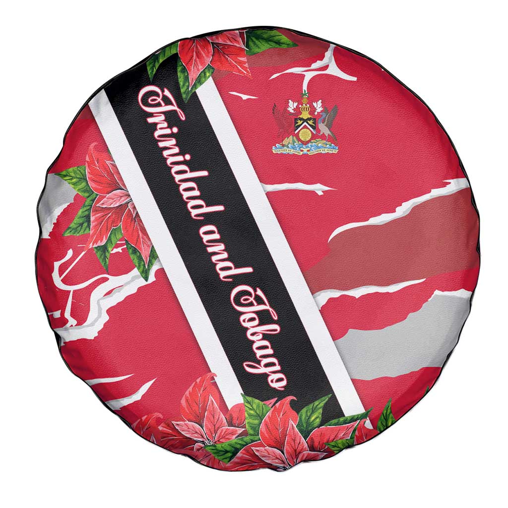 Trinidad and Tobago Red Poinsettia Spare Tire Cover with National Crest and Diagonal Flag Sash Design - Wonder Print Shop