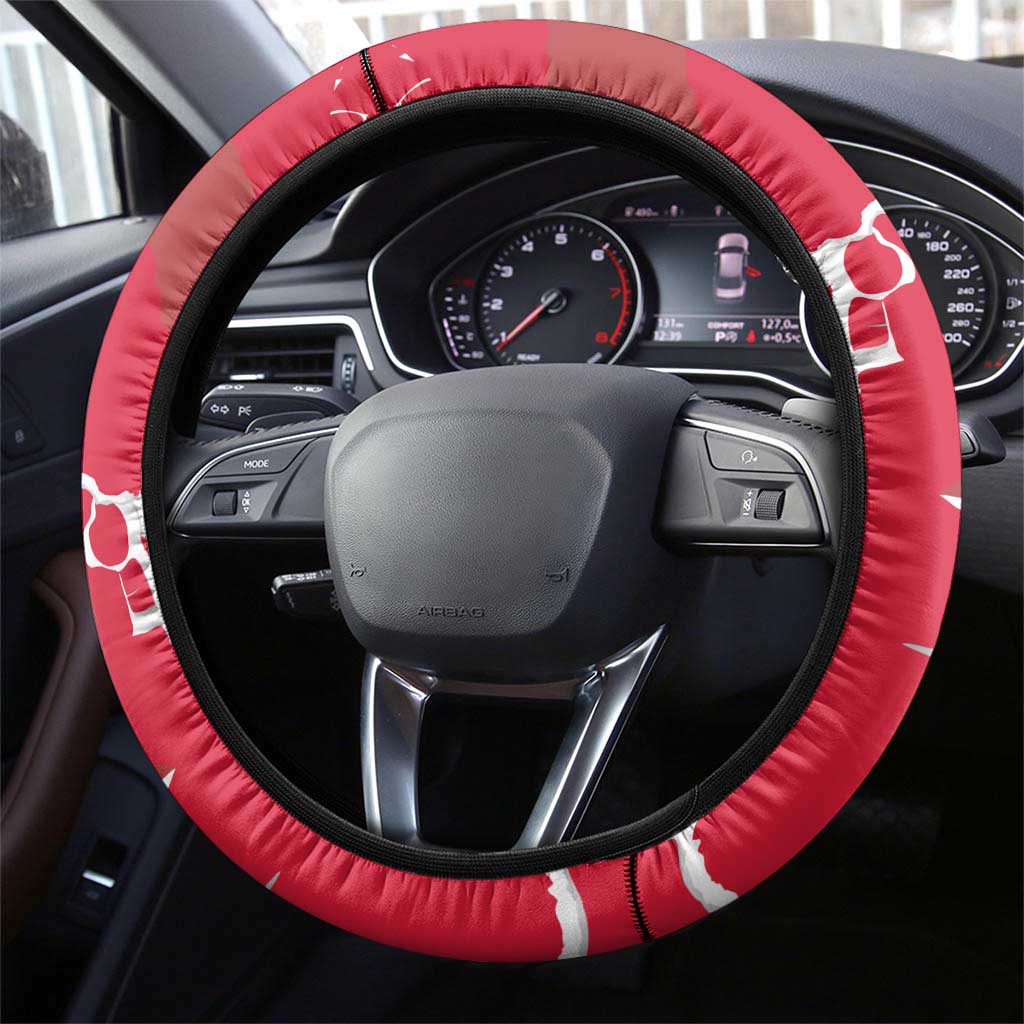 Trinidad and Tobago Red Poinsettia Steering Wheel Cover with National Crest and Diagonal Flag Sash Design - Wonder Print Shop