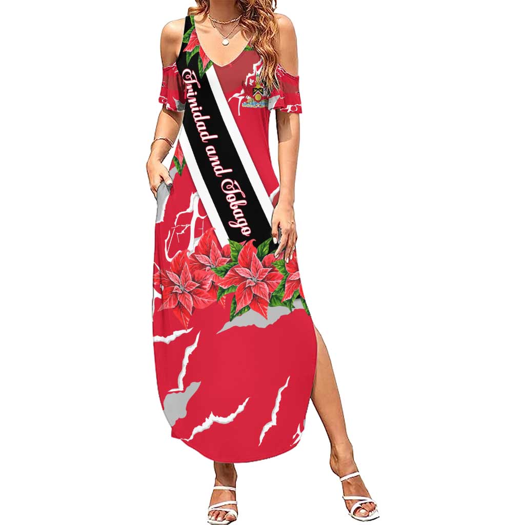 Trinidad and Tobago Red Poinsettia Summer Maxi Dress with National Crest and Diagonal Flag Sash Design - Wonder Print Shop