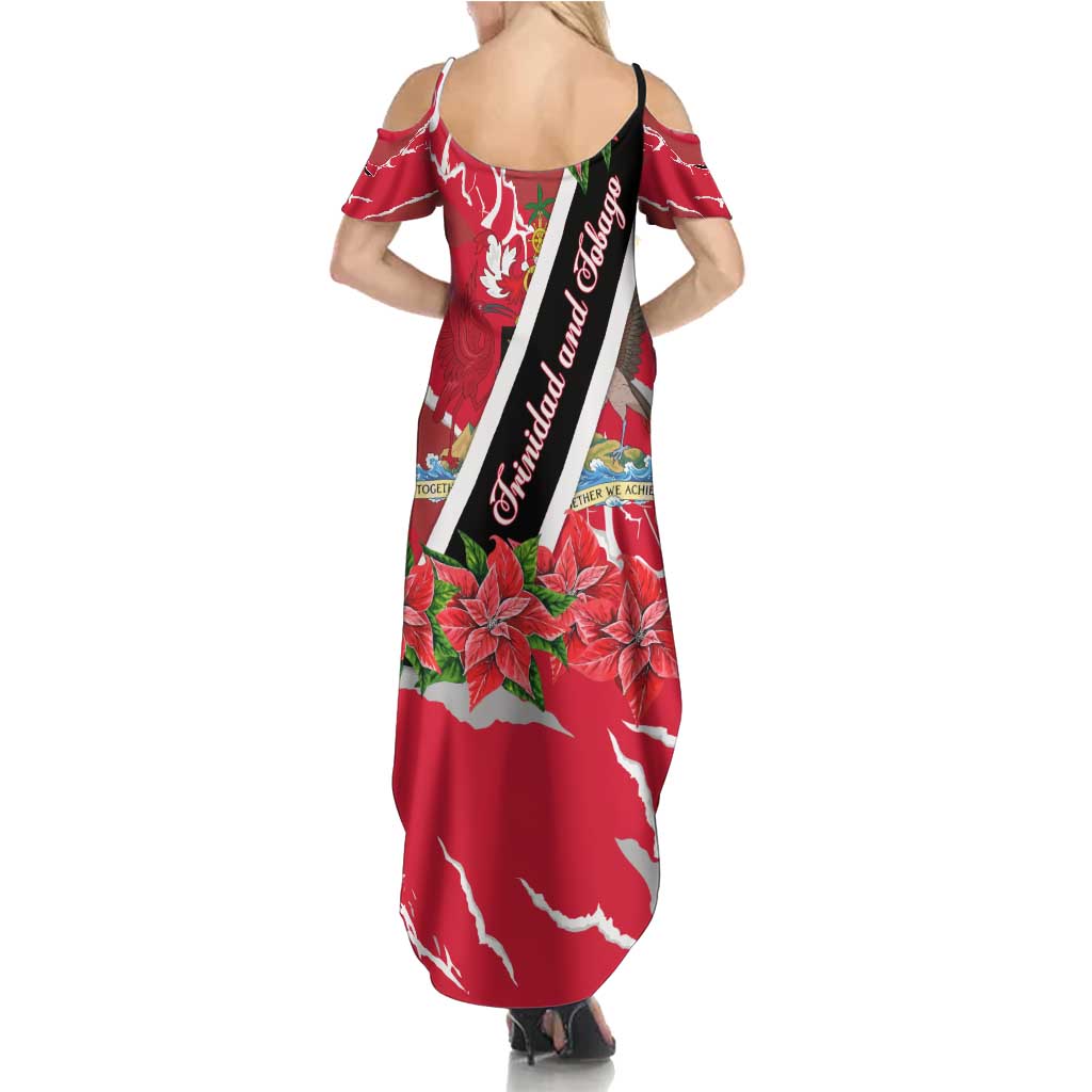 Trinidad and Tobago Red Poinsettia Summer Maxi Dress with National Crest and Diagonal Flag Sash Design - Wonder Print Shop