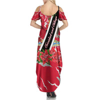 Trinidad and Tobago Red Poinsettia Summer Maxi Dress with National Crest and Diagonal Flag Sash Design - Wonder Print Shop