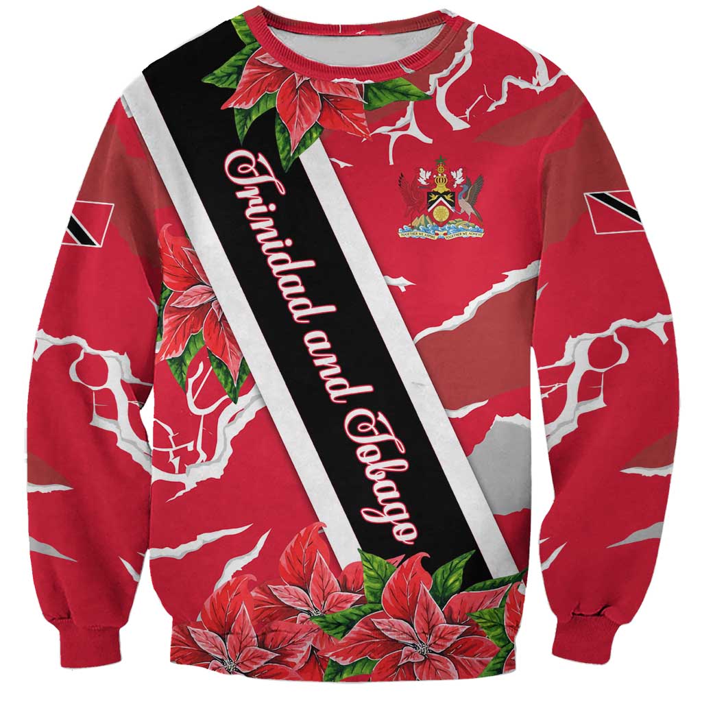 Trinidad and Tobago Red Poinsettia Sweatshirt with National Crest and Diagonal Flag Sash Design - Wonder Print Shop
