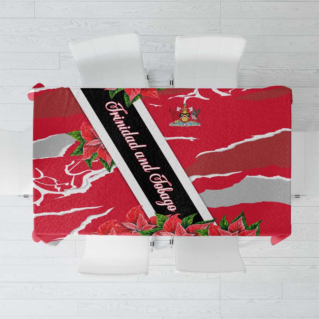 Trinidad and Tobago Red Poinsettia Tablecloth with National Crest and Diagonal Flag Sash Design - Wonder Print Shop