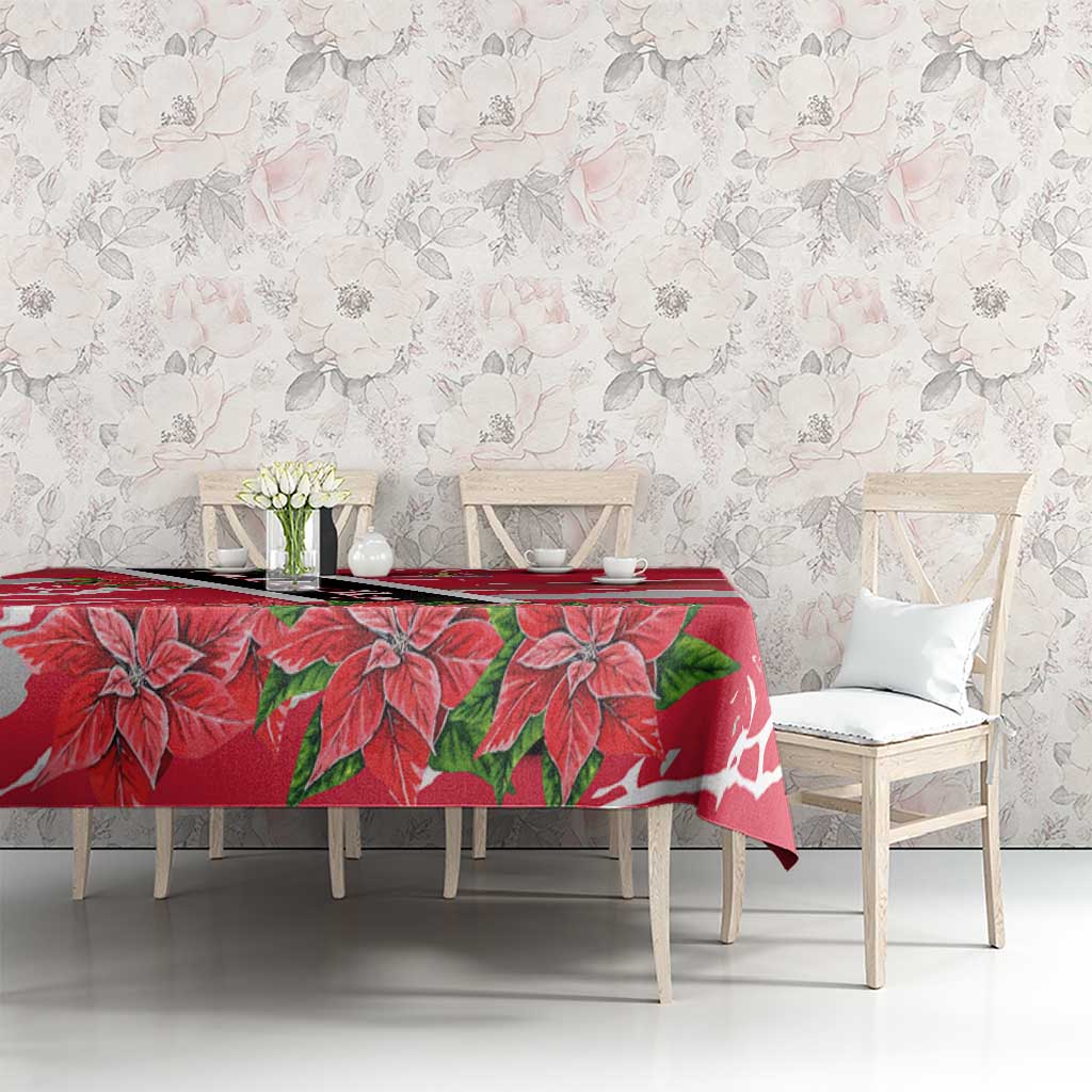 Trinidad and Tobago Red Poinsettia Tablecloth with National Crest and Diagonal Flag Sash Design - Wonder Print Shop