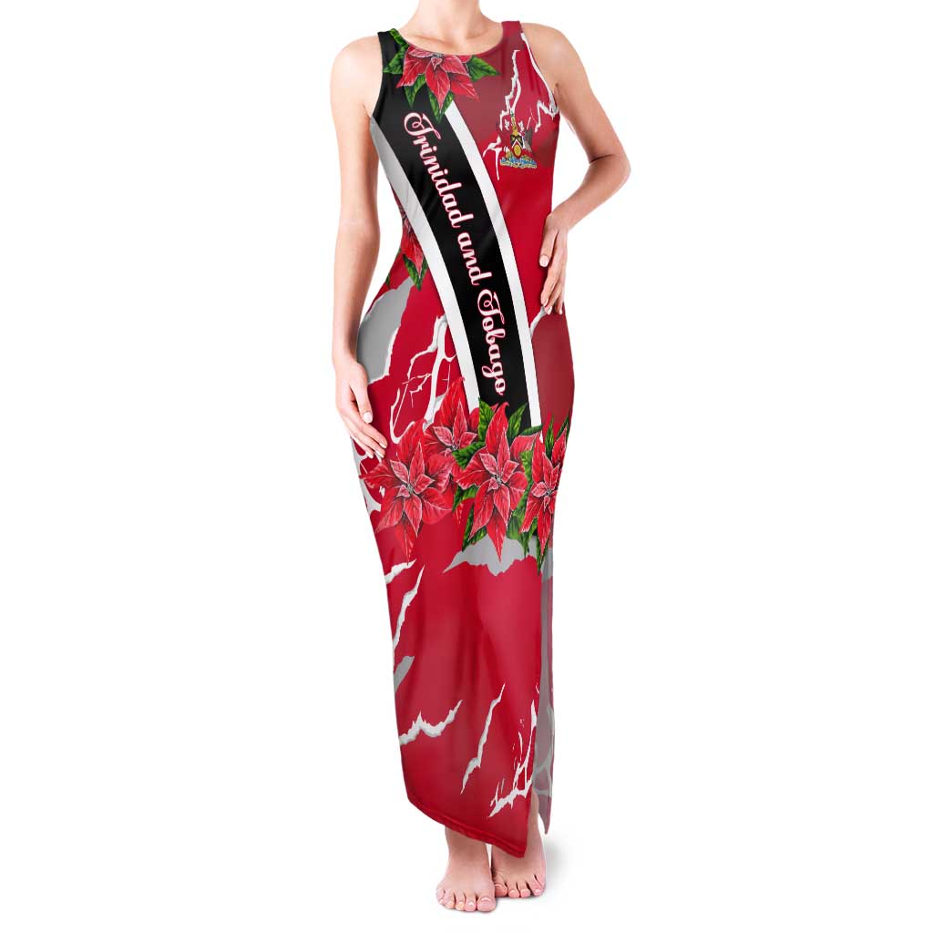 Trinidad and Tobago Red Poinsettia Tank Maxi Dress with National Crest and Diagonal Flag Sash Design - Wonder Print Shop