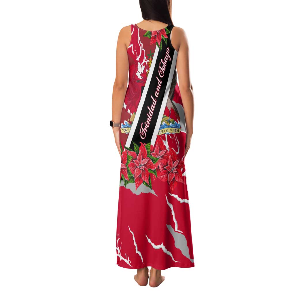 Trinidad and Tobago Red Poinsettia Tank Maxi Dress with National Crest and Diagonal Flag Sash Design - Wonder Print Shop