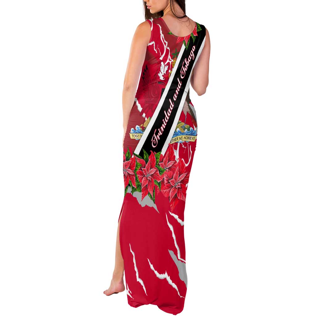 Trinidad and Tobago Red Poinsettia Tank Maxi Dress with National Crest and Diagonal Flag Sash Design - Wonder Print Shop