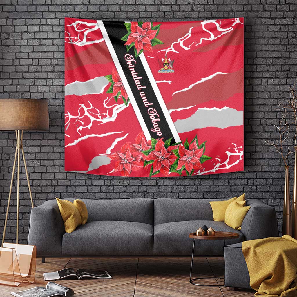 Trinidad and Tobago Red Poinsettia Tapestry with National Crest and Diagonal Flag Sash Design - Wonder Print Shop