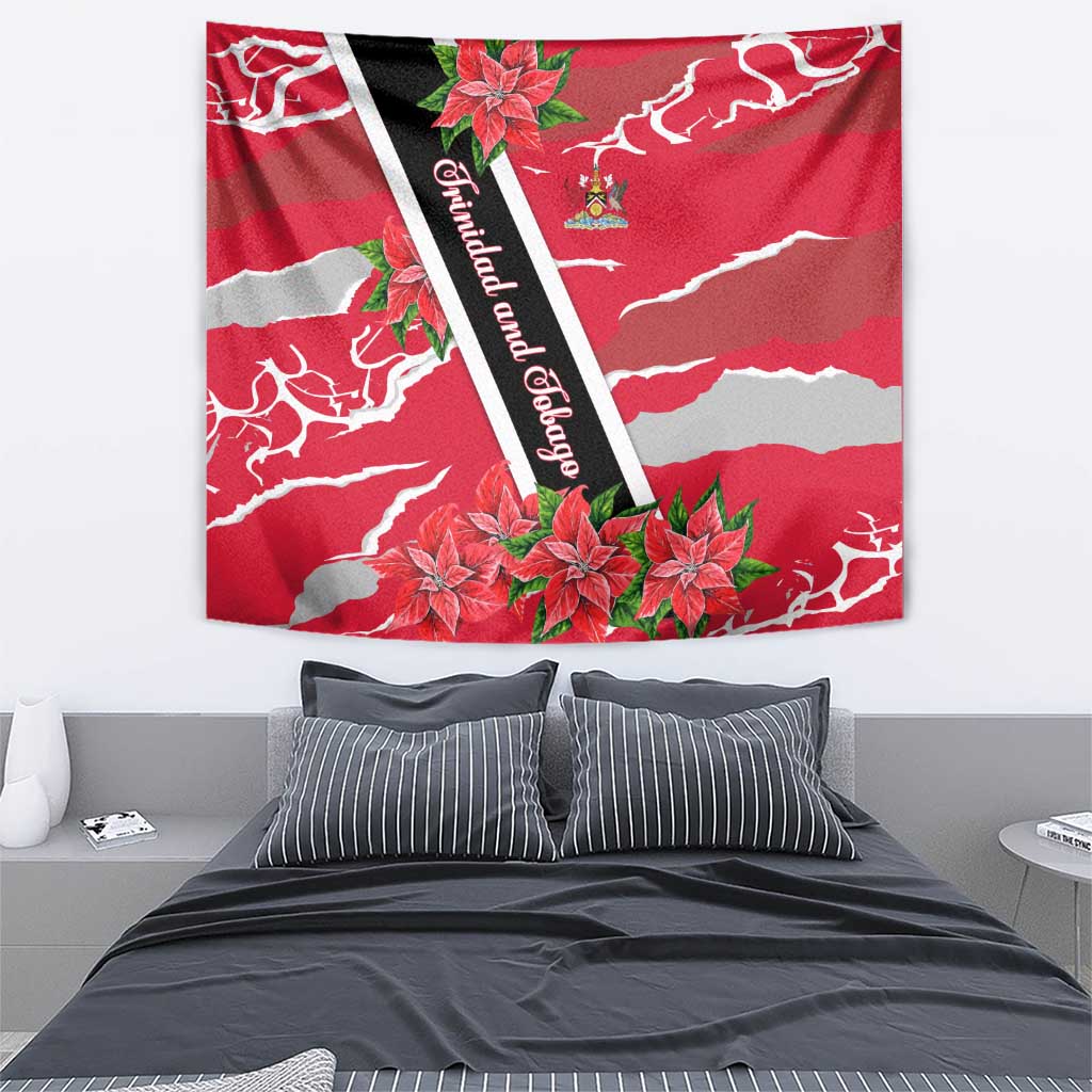 Trinidad and Tobago Red Poinsettia Tapestry with National Crest and Diagonal Flag Sash Design - Wonder Print Shop
