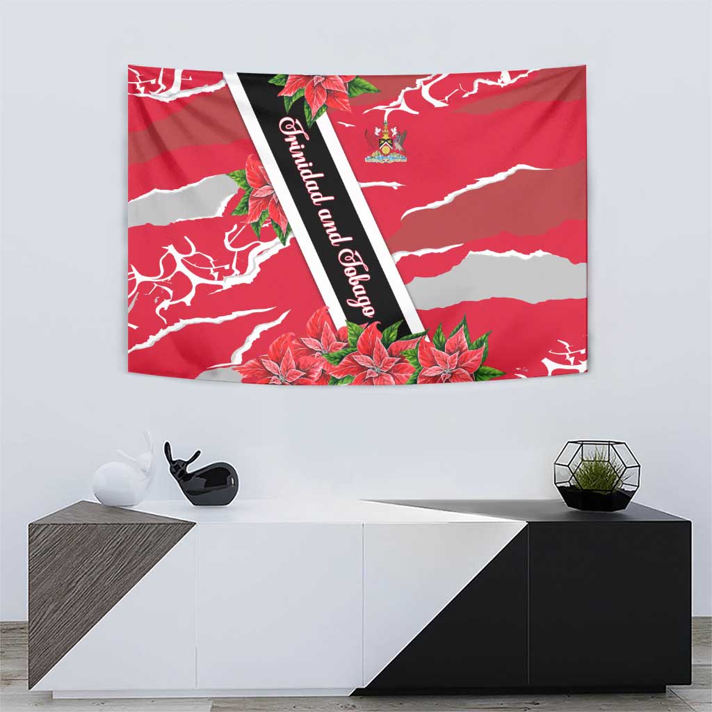Trinidad and Tobago Red Poinsettia Tapestry with National Crest and Diagonal Flag Sash Design - Wonder Print Shop