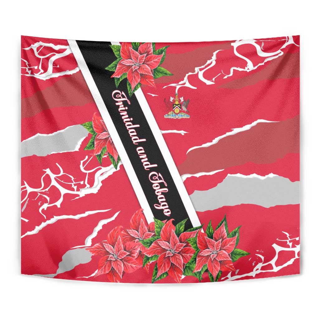 Trinidad and Tobago Red Poinsettia Tapestry with National Crest and Diagonal Flag Sash Design - Wonder Print Shop
