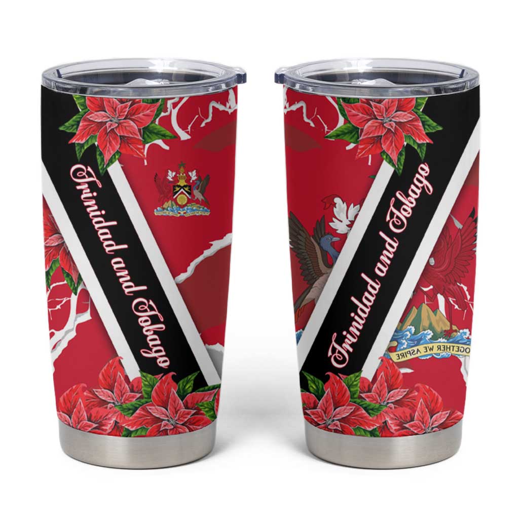 Trinidad and Tobago Red Poinsettia Tumbler Cup with National Crest and Diagonal Flag Sash Design - Wonder Print Shop