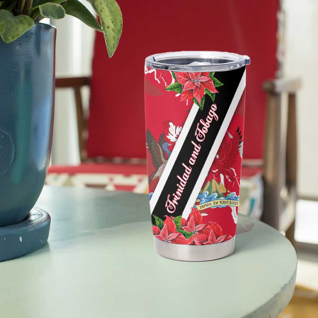Trinidad and Tobago Red Poinsettia Tumbler Cup with National Crest and Diagonal Flag Sash Design - Wonder Print Shop