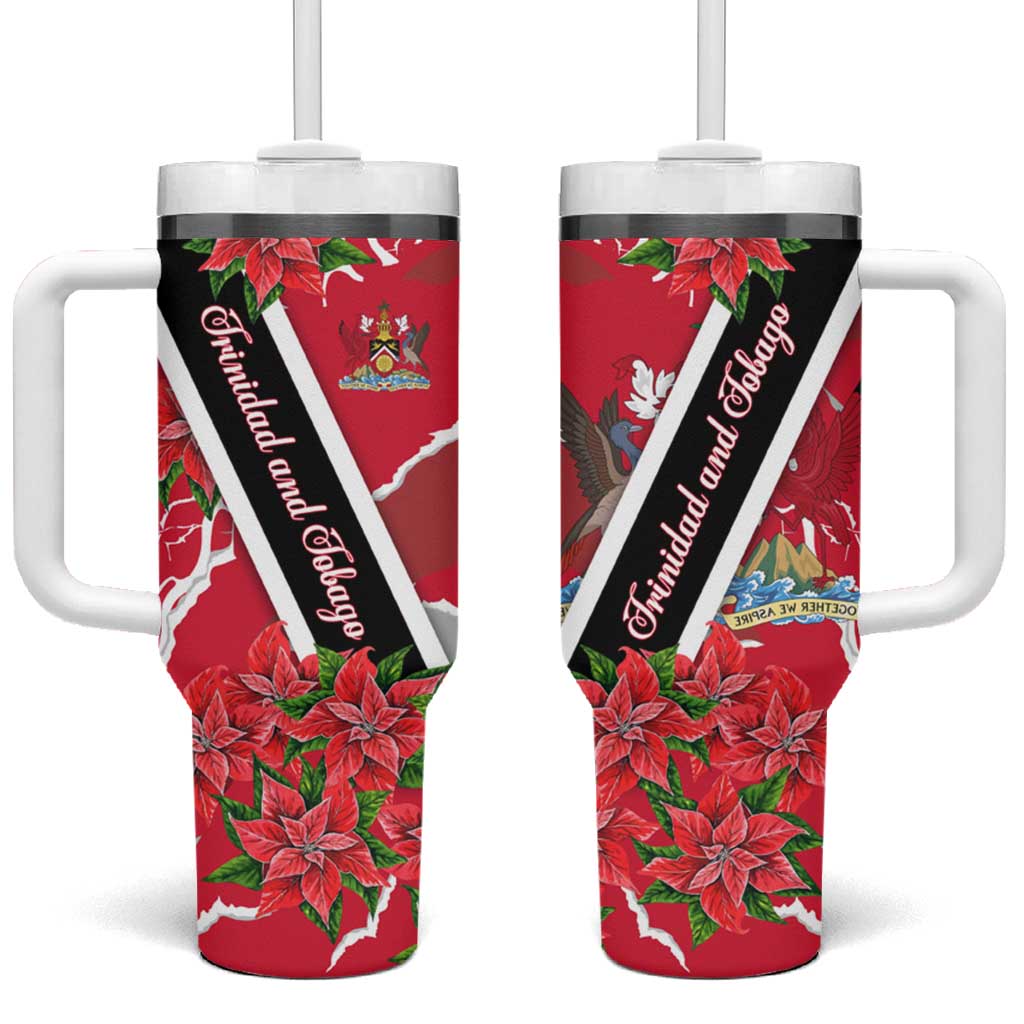 Trinidad and Tobago Red Poinsettia Tumbler With Handle with National Crest and Diagonal Flag Sash Design - Wonder Print Shop