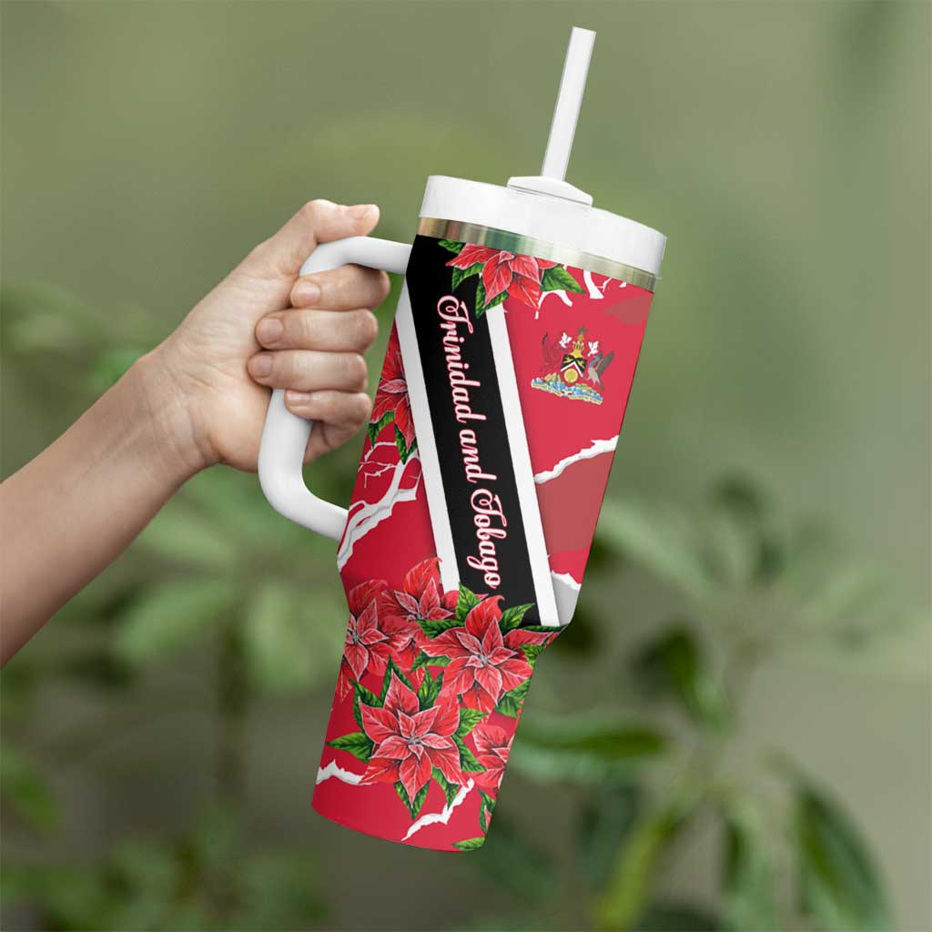 Trinidad and Tobago Red Poinsettia Tumbler With Handle with National Crest and Diagonal Flag Sash Design - Wonder Print Shop