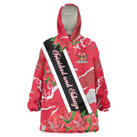 Trinidad and Tobago Red Poinsettia Wearable Blanket Hoodie with National Crest and Diagonal Flag Sash Design - Wonder Print Shop