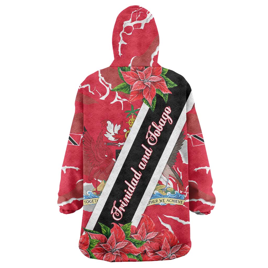 Trinidad and Tobago Red Poinsettia Wearable Blanket Hoodie with National Crest and Diagonal Flag Sash Design - Wonder Print Shop