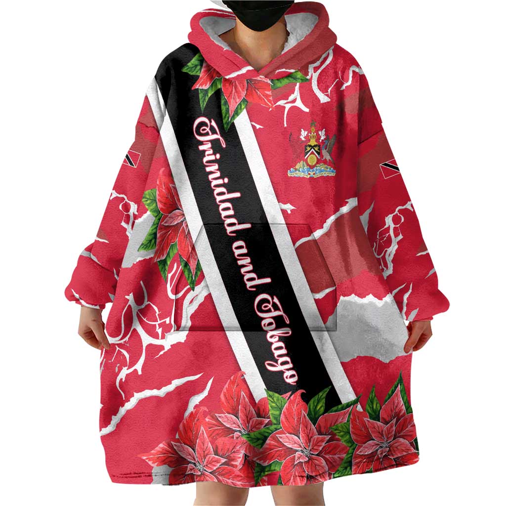 Trinidad and Tobago Red Poinsettia Wearable Blanket Hoodie with National Crest and Diagonal Flag Sash Design - Wonder Print Shop