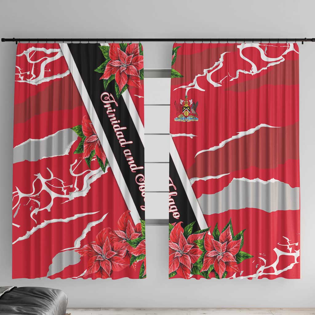 Trinidad and Tobago Red Poinsettia Window Curtain with National Crest and Diagonal Flag Sash Design - Wonder Print Shop
