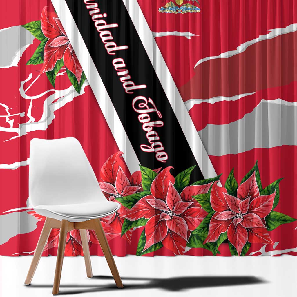 Trinidad and Tobago Red Poinsettia Window Curtain with National Crest and Diagonal Flag Sash Design - Wonder Print Shop
