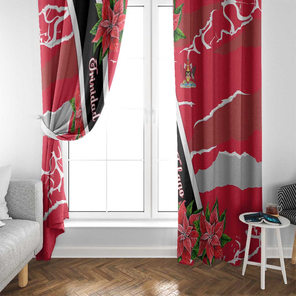 Trinidad and Tobago Red Poinsettia Window Curtain with National Crest and Diagonal Flag Sash Design - Wonder Print Shop