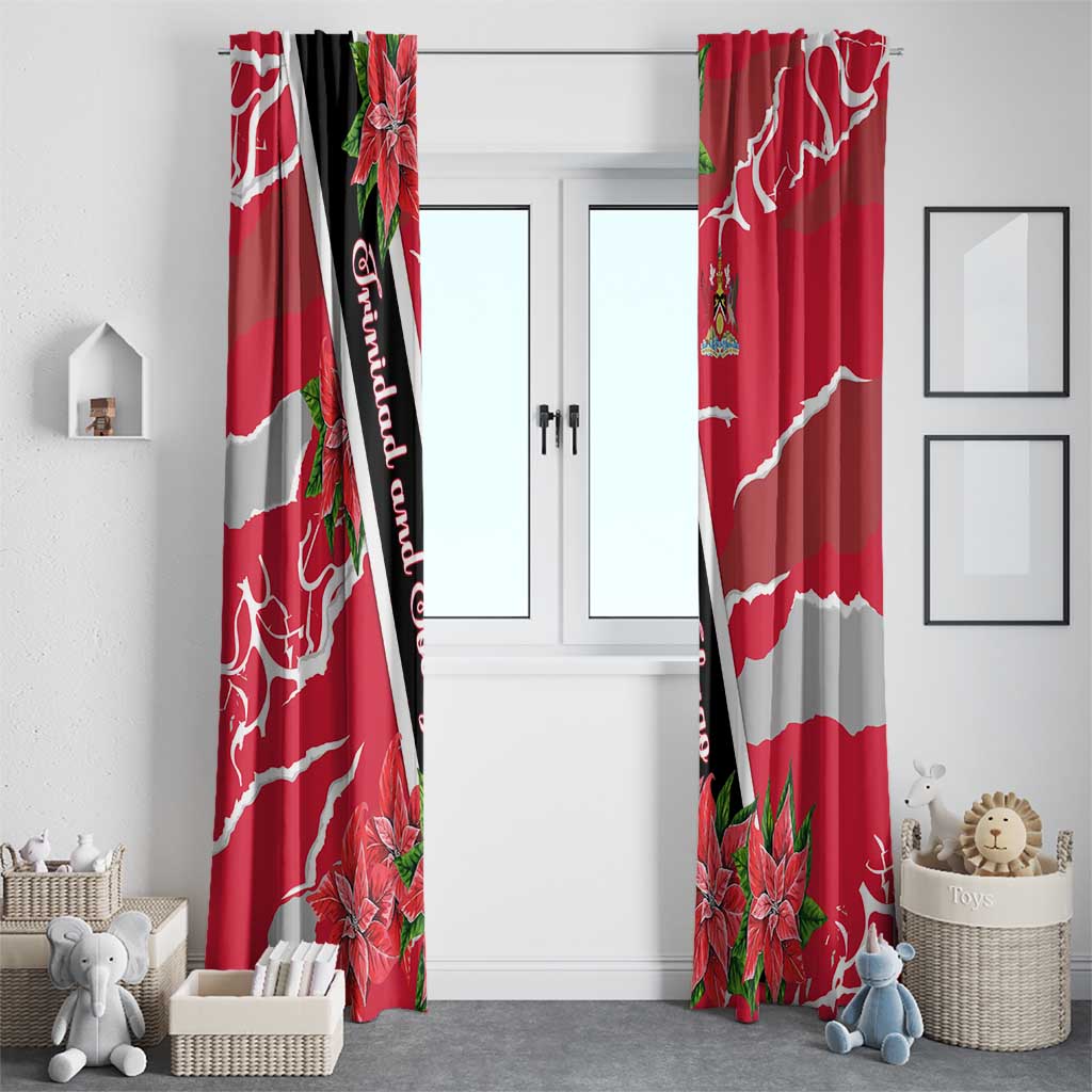 Trinidad and Tobago Red Poinsettia Window Curtain with National Crest and Diagonal Flag Sash Design - Wonder Print Shop