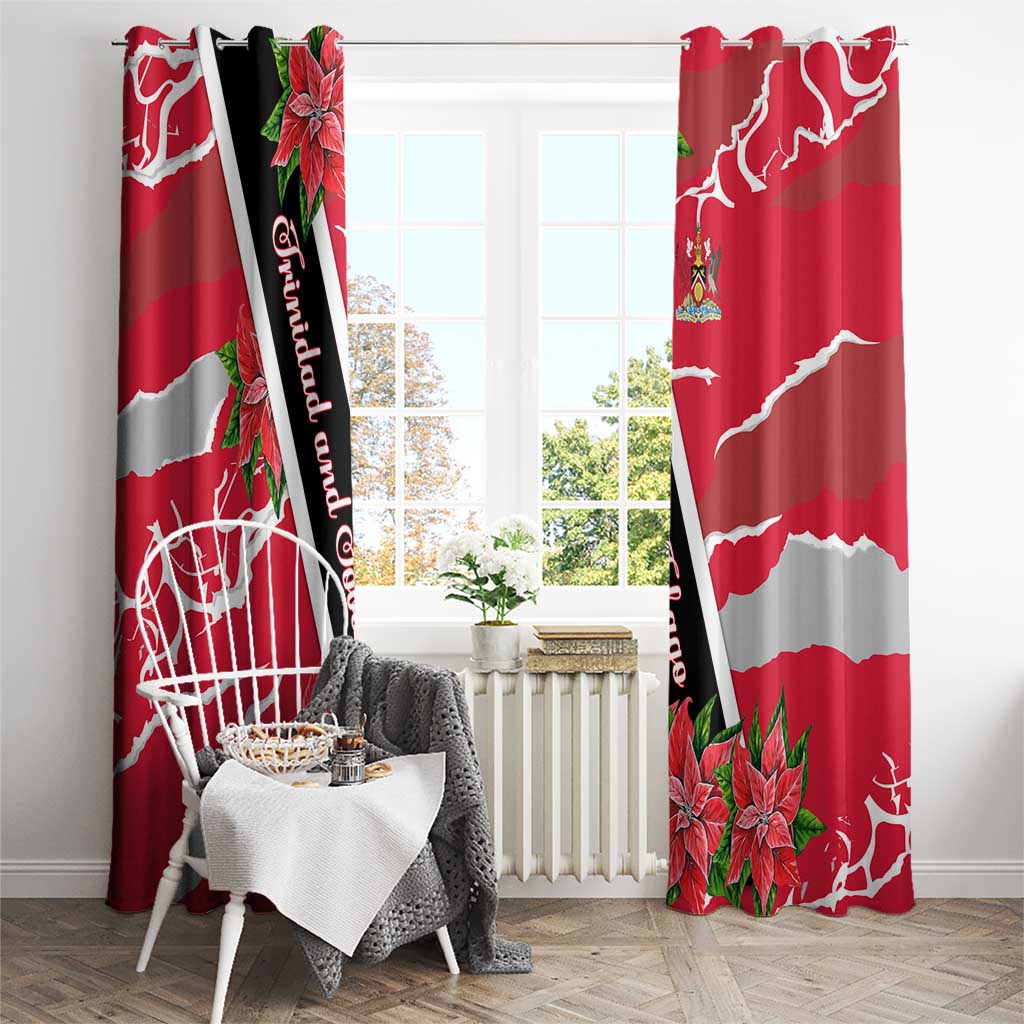 Trinidad and Tobago Red Poinsettia Window Curtain with National Crest and Diagonal Flag Sash Design - Wonder Print Shop