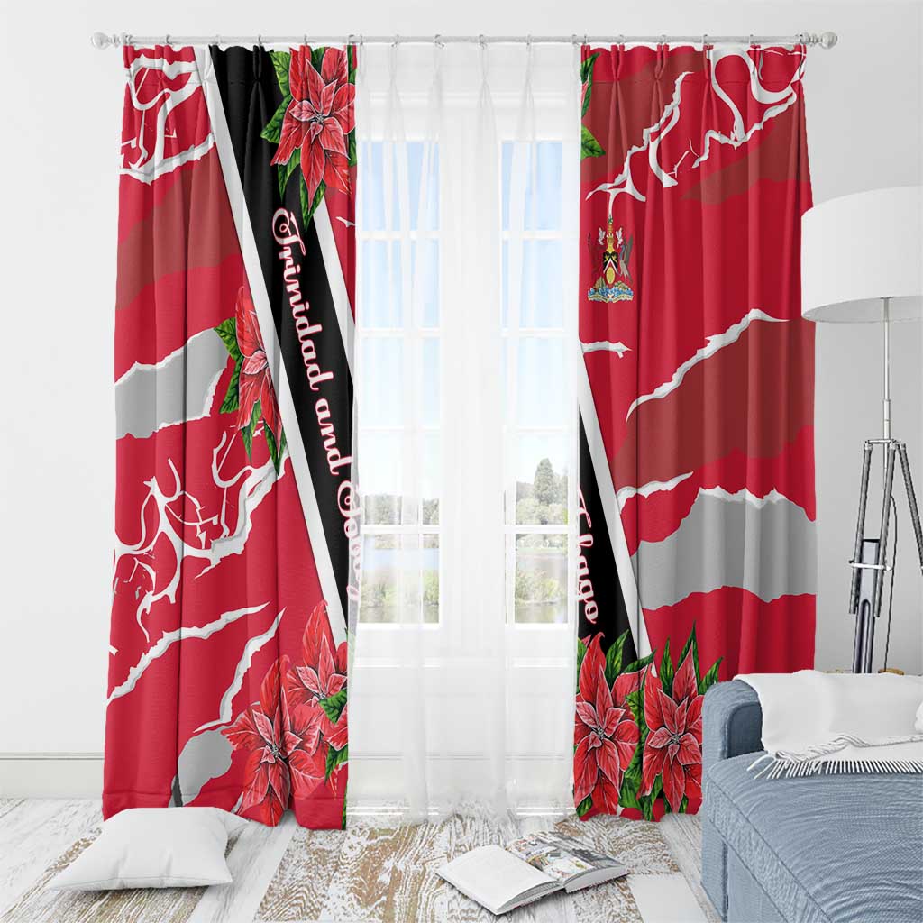 Trinidad and Tobago Red Poinsettia Window Curtain with National Crest and Diagonal Flag Sash Design - Wonder Print Shop