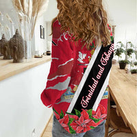 Trinidad and Tobago Red Poinsettia Women Casual Shirt with National Crest and Diagonal Flag Sash Design - Wonder Print Shop