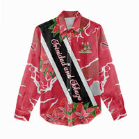 Trinidad and Tobago Red Poinsettia Women Casual Shirt with National Crest and Diagonal Flag Sash Design - Wonder Print Shop