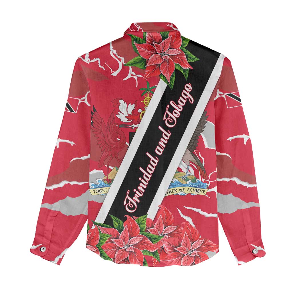 Trinidad and Tobago Red Poinsettia Women Casual Shirt with National Crest and Diagonal Flag Sash Design - Wonder Print Shop
