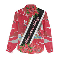 Trinidad and Tobago Red Poinsettia Women Casual Shirt with National Crest and Diagonal Flag Sash Design - Wonder Print Shop