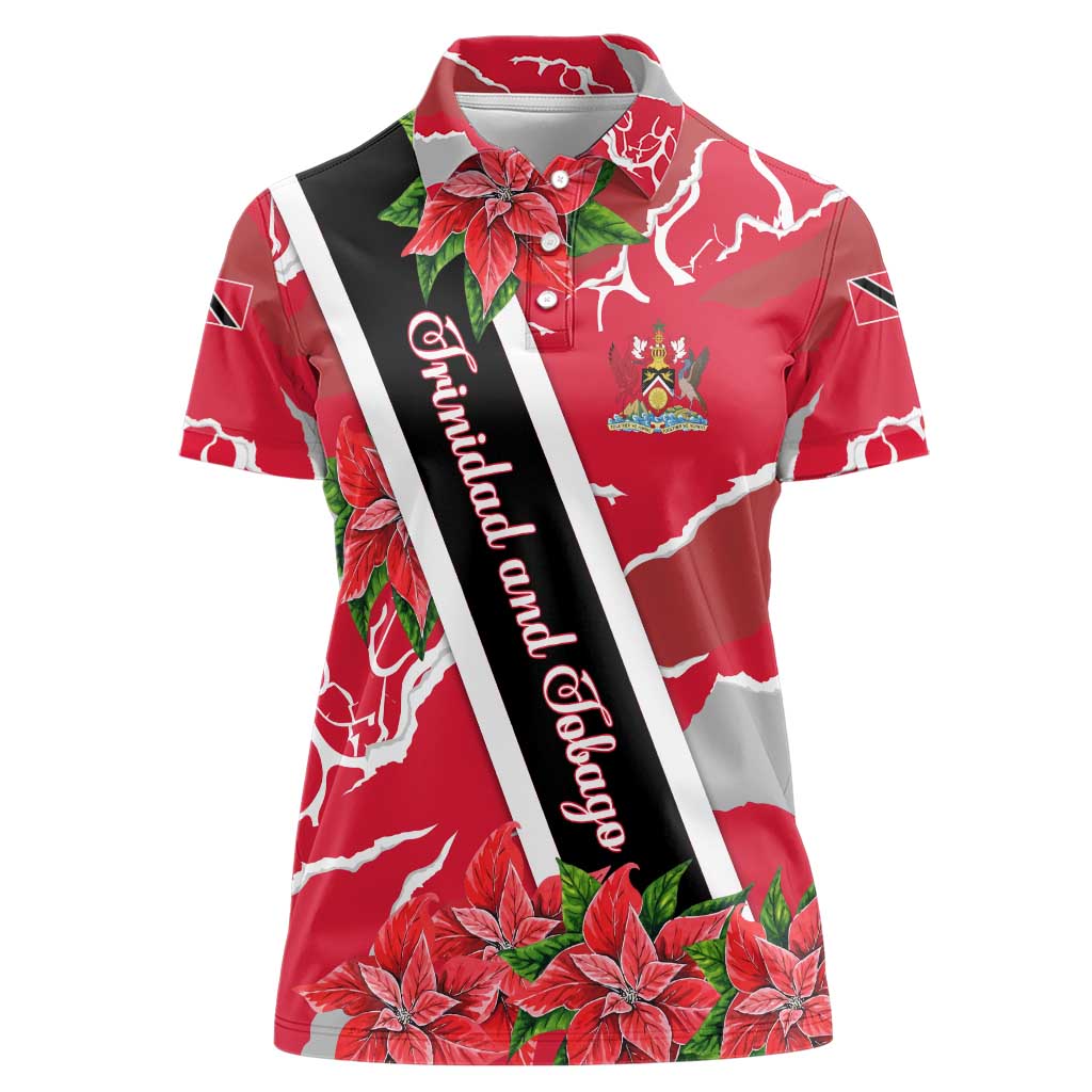 Trinidad and Tobago Red Poinsettia Women Polo Shirt with National Crest and Diagonal Flag Sash Design - Wonder Print Shop